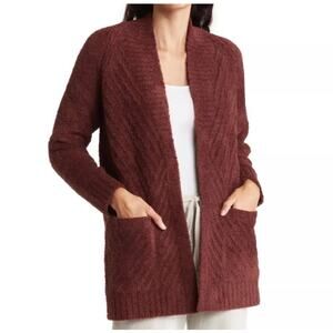 Barefoot Dreams CozyChic Open Front Cardigan Burgundy Medium Soft Knit PlushKnit